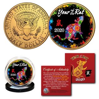 2020 Lunar Year Of The Rat 24k Gold Plated Jfk Half Dollar Coin Polychrome