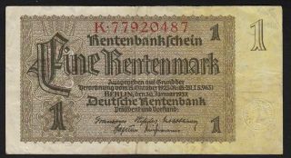 1937 1 Rentenmark Germany Vintage Nazi Old Money Banknote 3rd Reich P 173b Vf