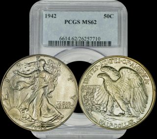 1942 Walking Liberty Silver Half Dollar Pcgs Ms62 Lightly Toned Coin