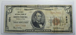 1929 $5 Us National Currency First National Bank Shippensburg Charter 834