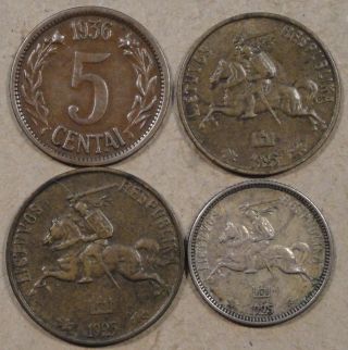 Lithuania 4 Coins Mid - Better Grade 1936 5 Centai,  1925 10 Centu,  1925 10 Centu,  19