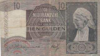 10 Gulden Vg - Fine Banknote From German Occupied Netherlands 1941 Pick - 53