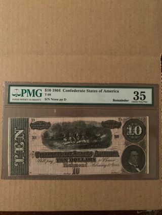 1864 $10 Confederate States Of America Note T - 68 Pmg Vf35epq Choice Very Fine