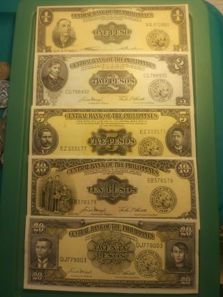 1949 Philippines Set 1,  2,  5,  10,  20 Pesos,  Choice Unc