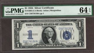 1934 $1.  00 Silver Certificate Pmg 64 Epq,