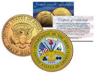 United States Army Emblem 24k Gold Plated Jfk Half Dollar U.  S.  Coin Military