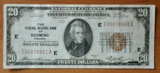 1929 $20 Richmond National Currency Federal Reserve Bank Note E E00078861a Vf,