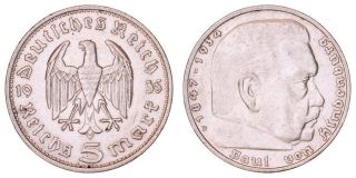 Ga.  226} Germany 3rd Reich 5 Reichsmark 1935d / Paul Von Hindenburg / Silver Vf,