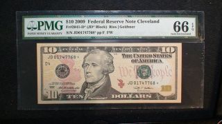 2009 Cleveland $10 Dollar Pmg Gem Unc 66 Epq Federal Reserve Star Note $10 Bill
