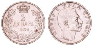 Ga.  207} Serbia 2 Dinara 1904 / Silver / Vf