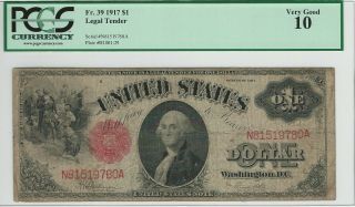 1917 $1 United States Legal Tender Note Fr.  39 Pcgs Vg - 10
