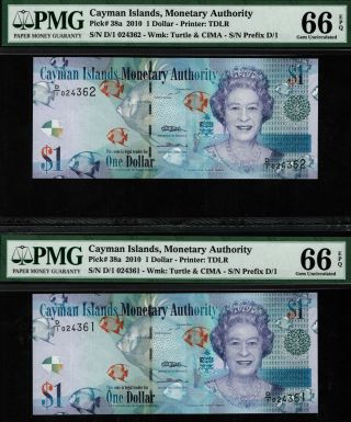 Tt Pk 38a 2010 Cayman Islands 1 Dollar Queen Elizabeth Ii Pmg 66 Epq Seq Gem Set