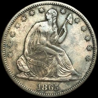 1865 Seated Half Dollar About Uncirculated Liberty Silver Rainbow Au Coin Nr
