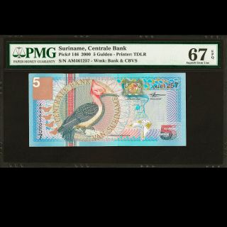 Suriname Central Bank 5 Gulden 2000 Pmg 67 Gem Uncirculated P - 146