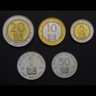 K - 1] Kenya Set 5 Coins,  50 Cents 1,  5,  10,  20 Shillings,  2005 - 2010,  Unc