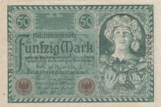 50 Mark Very Fine Banknote From Germany 1920 Pick - 68