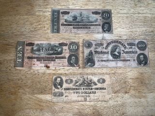 Set Of 4 Csa Confederate 1863 T - 56 $100 Dollar Note $20 $10 $2 1862 1864