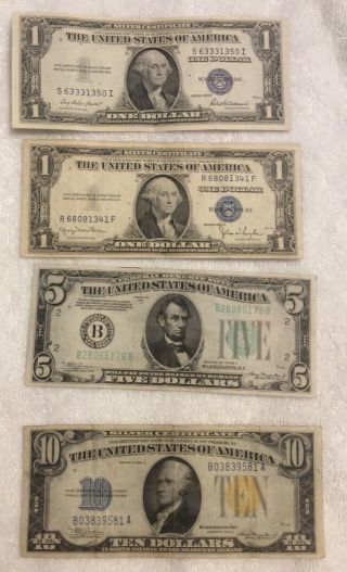 1934 A $10 Ten Dollar Us Silver Certificate North Africa Note,  3 More Notes