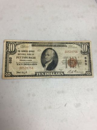 Series Of 1929 $10 The Farmers National Bank Of Pittsburgh Pa National Currency