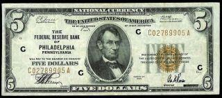 1929 Federal Reserve Philadelphia,  Pennsylvania $5 National Bank Note Fr.  1850 - C