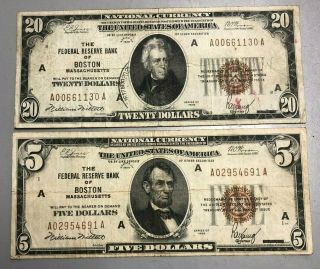 1929 $5 & $20 National Currency Boston,  Massachusetts.  Very Fine Vf.  2 Notes