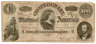 Type 65 1864 $100 Confederate States Of America Note,  Cir,  Csa [4101a.  08]