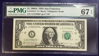 1988 A $1 Federal Reserve Note Frn Cu Unc San Francisco L - Star Pmg Gem 67 Epq