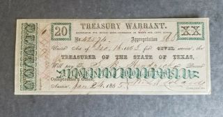 1863 State Of Texas Twenty Dollar $20 Treasury Warrant For Civil Service