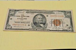 1929 Fifty Dollars $50 Brown Seal Cleveland Ohio National Currency Note