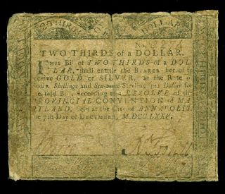 December 7,  1775 Maryland Two Thirds Of A Dollar Colonial Currency Md - 83