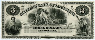 Pre Civil War Citizens Bank Of Louisiana $3 Obsolete Note - Remainder
