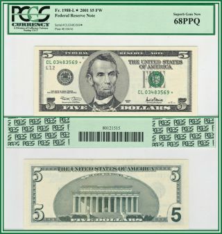 2001 Star $5 San Francisco Federal Reserve Note Pcgs 68 Ppq Gem Unc Frn