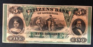 Uncirculated 1860 $5 Dollar Citizens Bank Of Louisiana Orleans Banknote Five