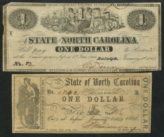 $1.  00 1863 & 1866 The State Of North Carolina Obsolete Bank Note Bt5958