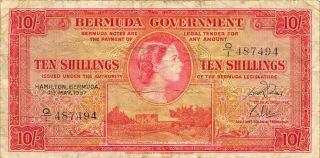 Bermuda 10/ - 1.  5.  1957 P 19c Series Q/1 Que.  Ii Circulated Banknote Fl20