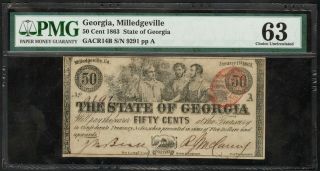 1863.  50 Cent State Of Georgia,  Milledgeville Banknote Pmg 63 Choice Unc.
