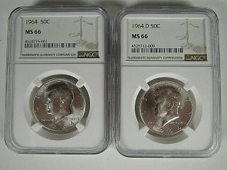 1964 P And D Silver Kennedy Half Dollars Ngc Ms 66,  First Year Of Issue