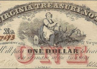 1862 $1 Dollar Richmond Virginia Treasury Note Large Currency Old Paper Money Au