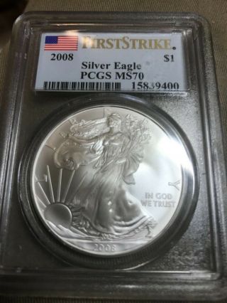 2008.  $1.  Silver American Eagle,  Pcgs Ms70,  First Strike