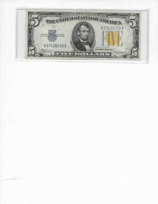 1934a $5 Yellow Seal North African Silver Certificate Fr - 2307 Au,