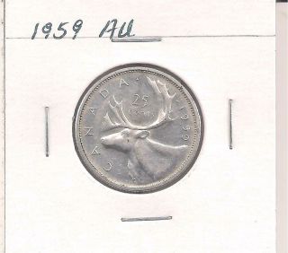 Canada 1959 Au.  25 Cents Silver Quarter,  Queen Elizabeth Ll.
