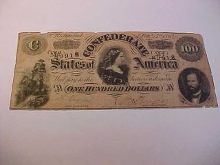 1864 Civil War Confederate Obsolete Currency Large $100 Note