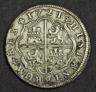 1721,  Kingdom Of Spain,  Philip V.  Silver 2 Reales " Cross Pistareen " Coin.  Xf -
