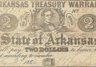 1862 $2 Two Dollar Bill Arkansas Treasury Warrant Note War Bond Old Paper Money