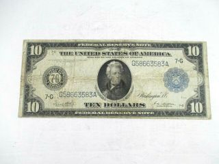 Series Of 1914 $10 Dollar Large Size Federal Reserve Note Grade Fine - Very Fine