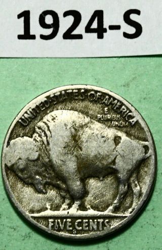 1924 - S BUFFALO NICKEL US 5 CENT COIN VG - FINE KEY DATE 1,  437,  000 MINTED 2