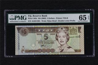 2002 Fiji Reserve Bank 5 Dollars Pick 105b Pmg 65 Epq Gem Unc