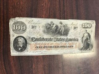1862 Confederate States Of America One Hundred $100 Dollar Bill