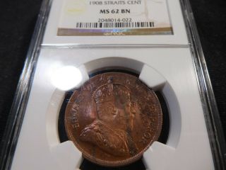 E12 British Straits Settlements 1908 Cent Ngc Ms - 62 Brown