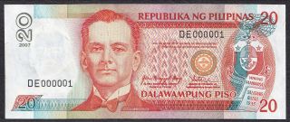 2007 NDS 20 Pesos Arroyo Serial NUMBER 1 DE 000001 Philippine Banknote 2